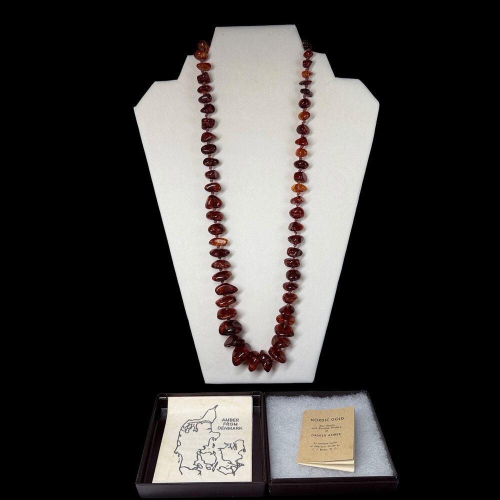 Vtg Danish Amber Bead Necklace Statement "Nordic Gold" Booklet 57.22 g Rare